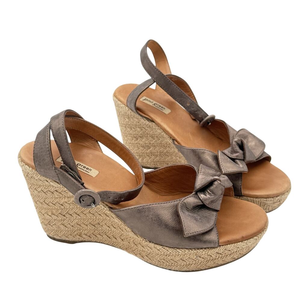Paul Green Metallic Taupe Leather Criss Cross Straps Jute Wedge Sandals Size 6